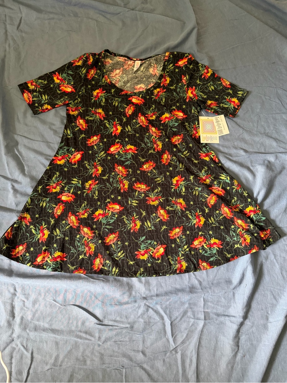LuLaRoe Black Swing Dress with Red Floral Print